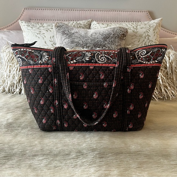 Vintage VERA BRADLEY Houndstooth Brown 2005 Miller Bag Carryon Tote Floral USA - Picture 1 of 15